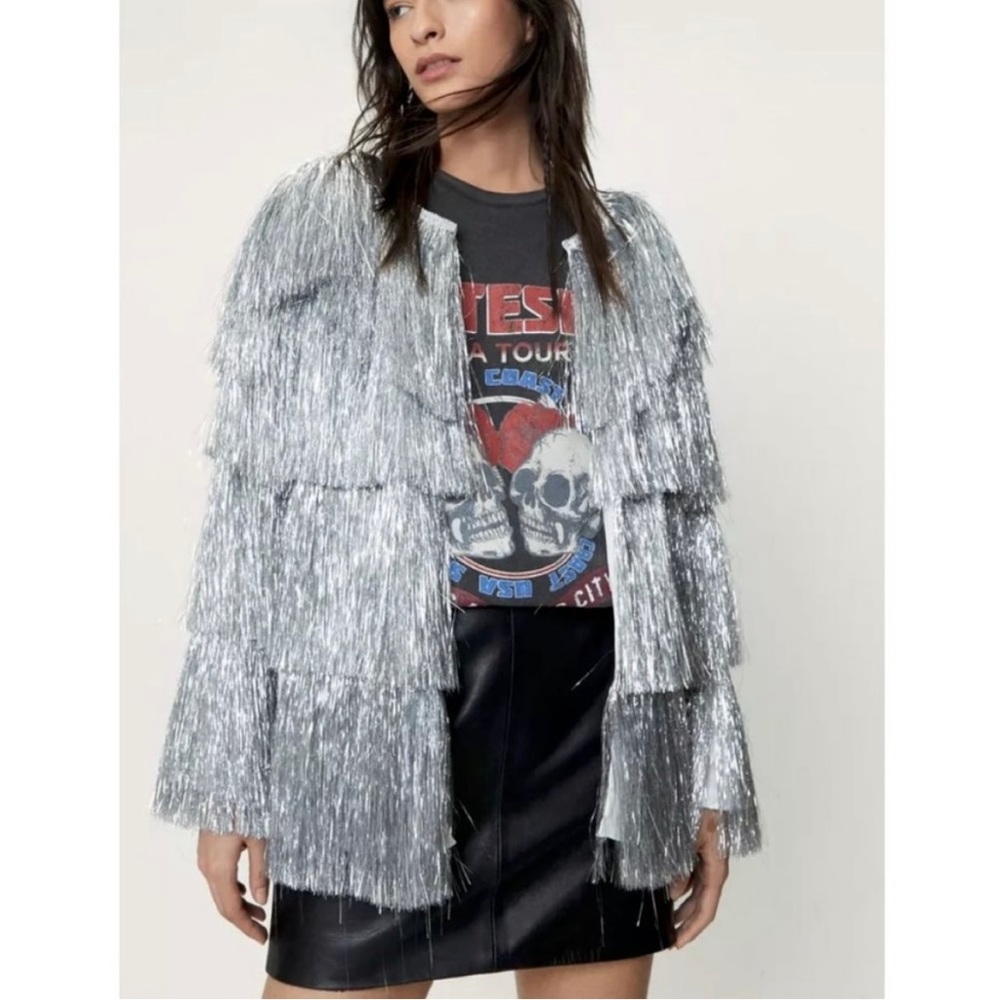 Nasty Gal Metallic Open Front Tiered Tinsel Fringe Jacket
